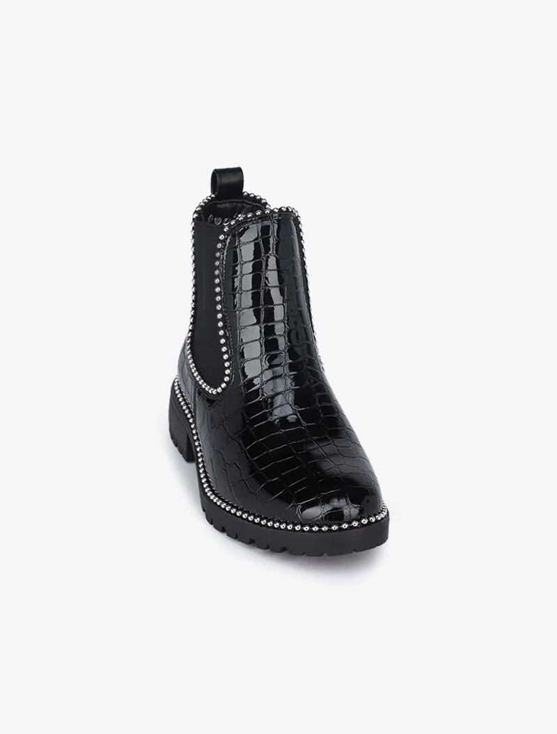 Boots effet croco vernis et détail billes argentées - Noir/argent