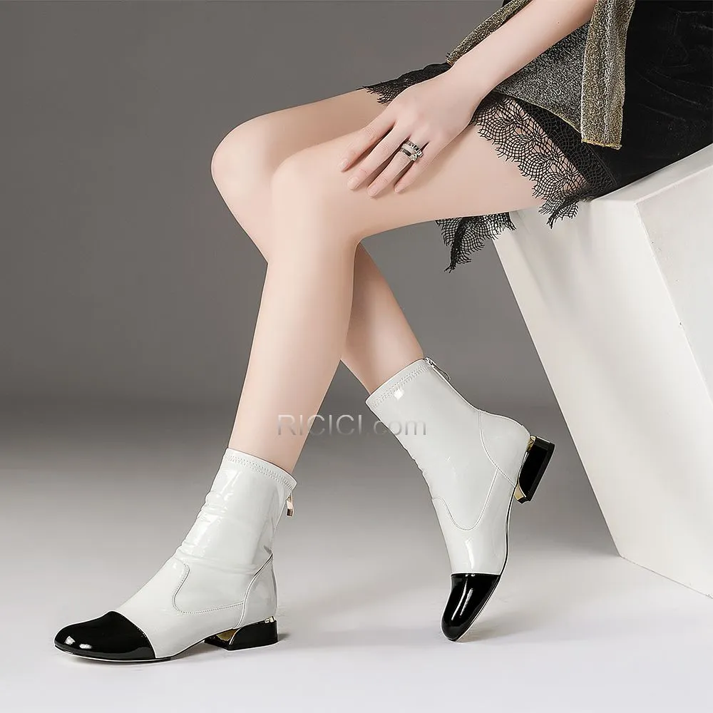 Chelsea Blanche Bottines Petit Talon Bout Rond Talons Carrés
