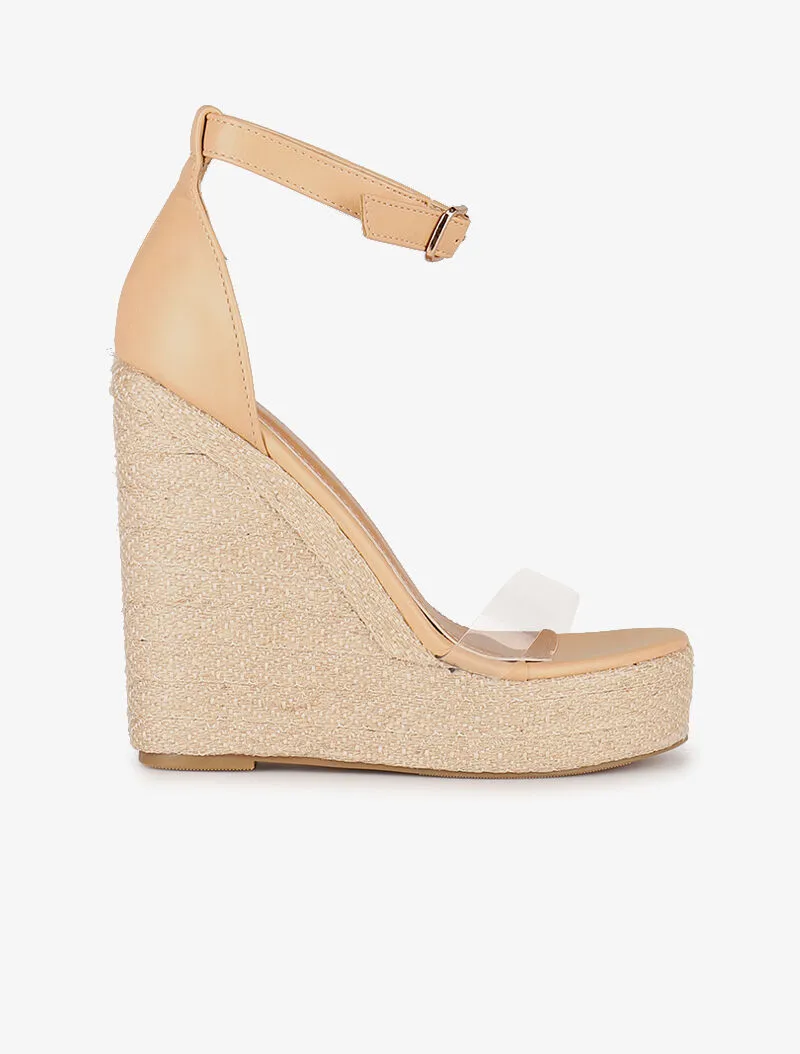 Compensées ultra hautes en raphia et simili - beige