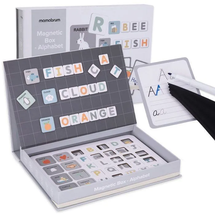 Mamabrum Puzzle magnétique - Alphabet - Apprentissage de l'écriture- marqueur effaçable, Tissu, 26 Cartes, 78 Carreaux magn