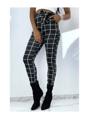 Pantalon noir moulant taille haute à carreaux avec ceinture
