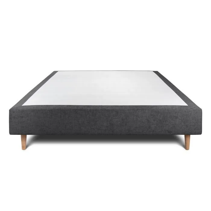 Sommier Tapissier Tissu Noir - Sommeil de plomb - 140x190 - 12 lattes - Pieds bois cones 15cm