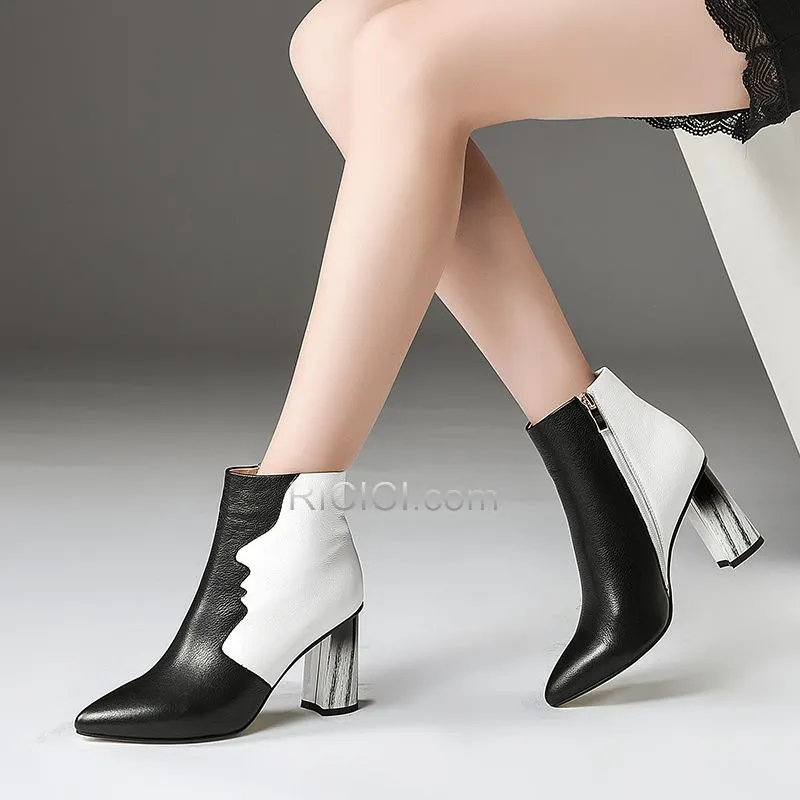 Talon Haut Blanche Color Block Bottines Moderne Bout Pointu De Sortie Fourrées