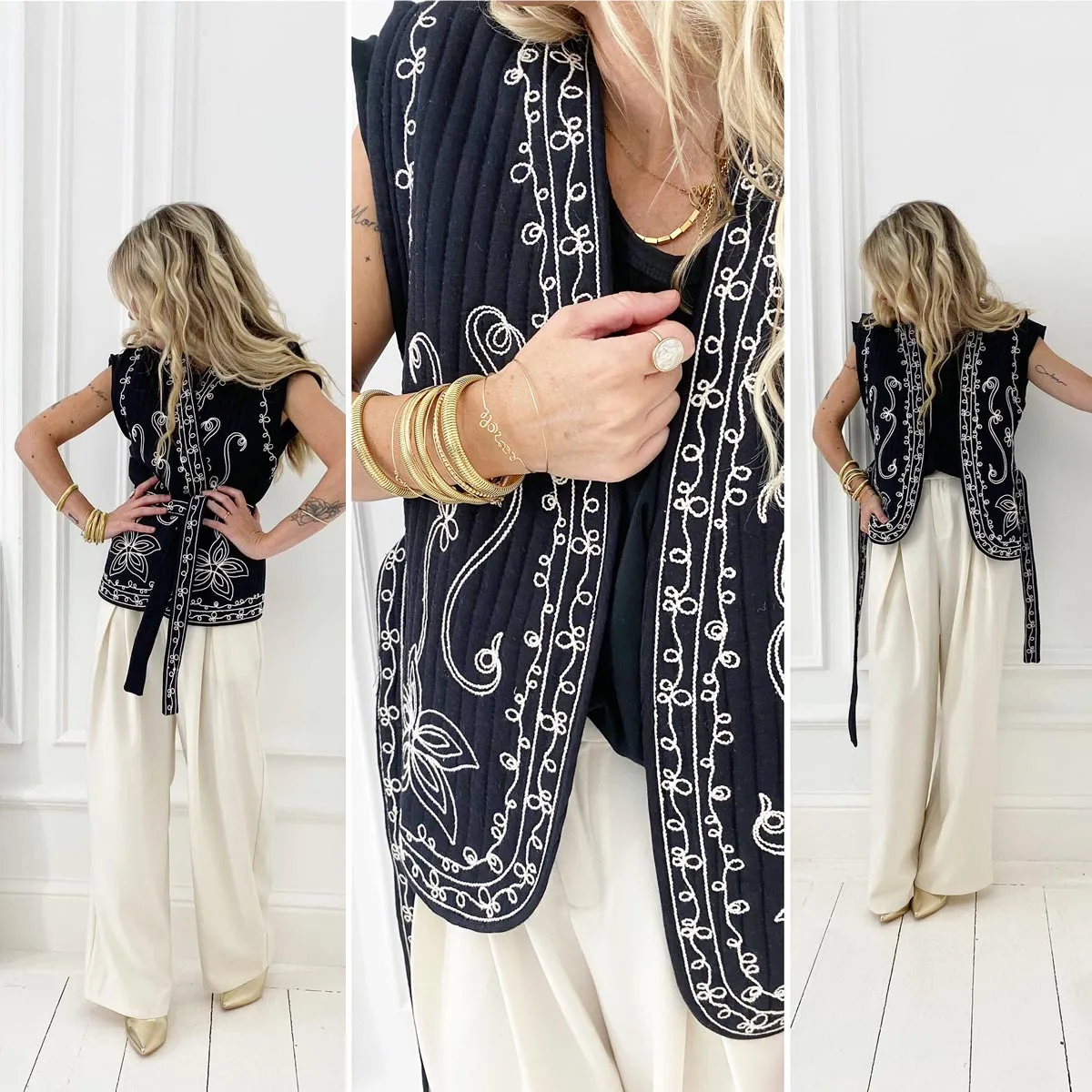 Veste “SOLY” noire sans manches broderies ceinturée