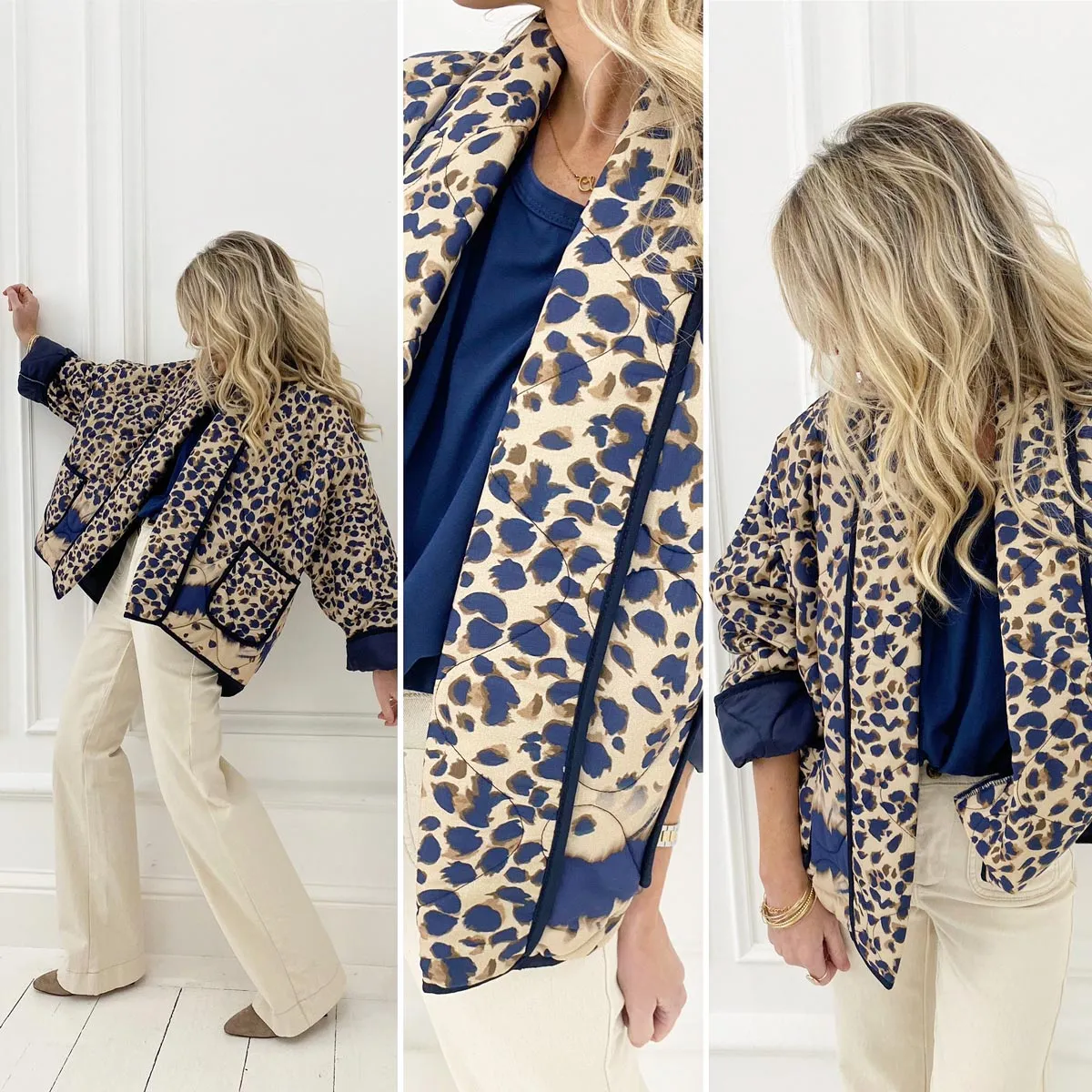Veste léopard bleu marine matelassée